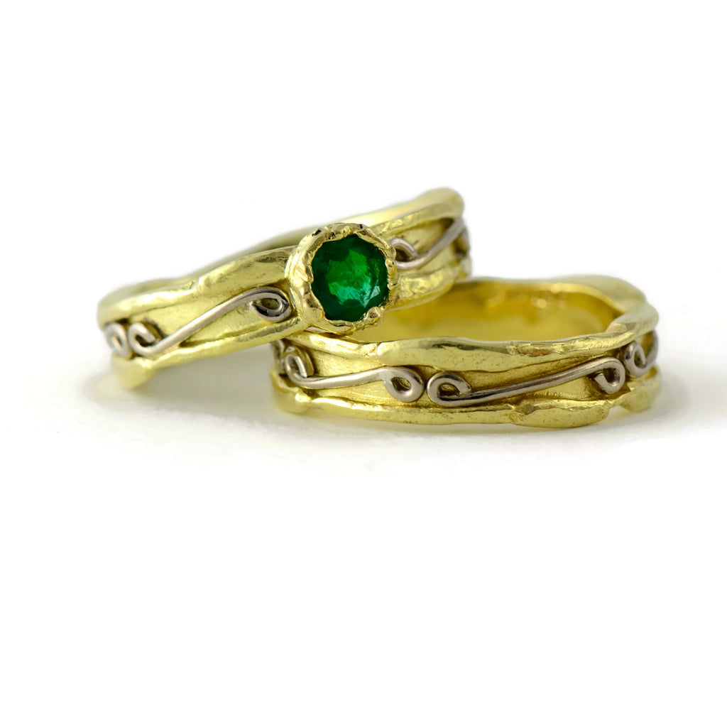 emerald 18ct yellow and white gold rings - wedding rings set 