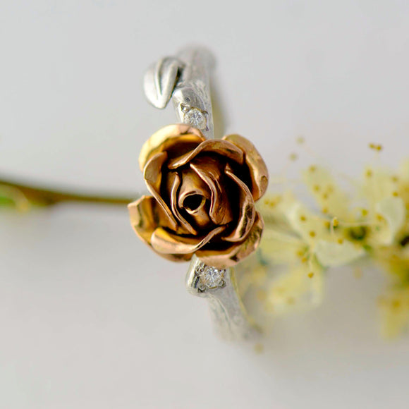 rose gold rose ring with tiny diamonds 