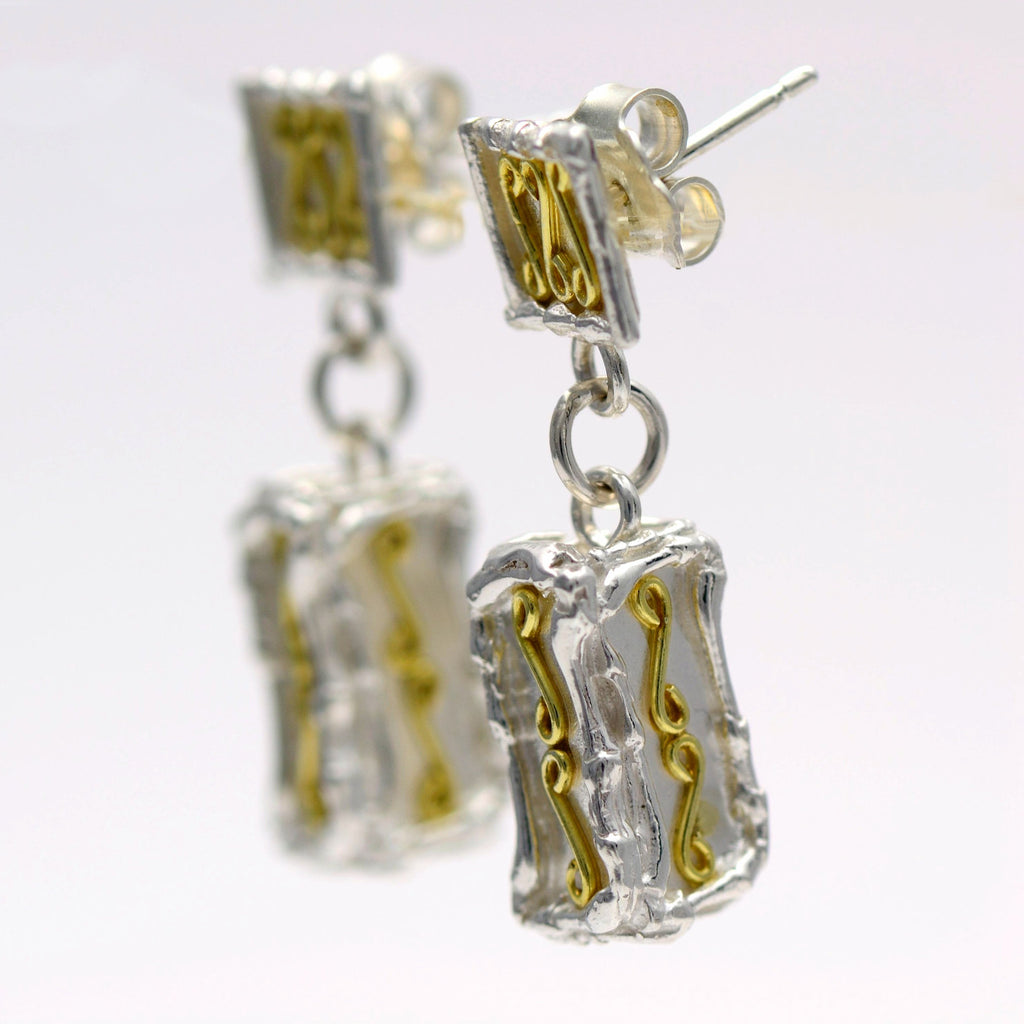 18ct gold and silver patterned large 3D rectangle hanging earrings, geometrical designs