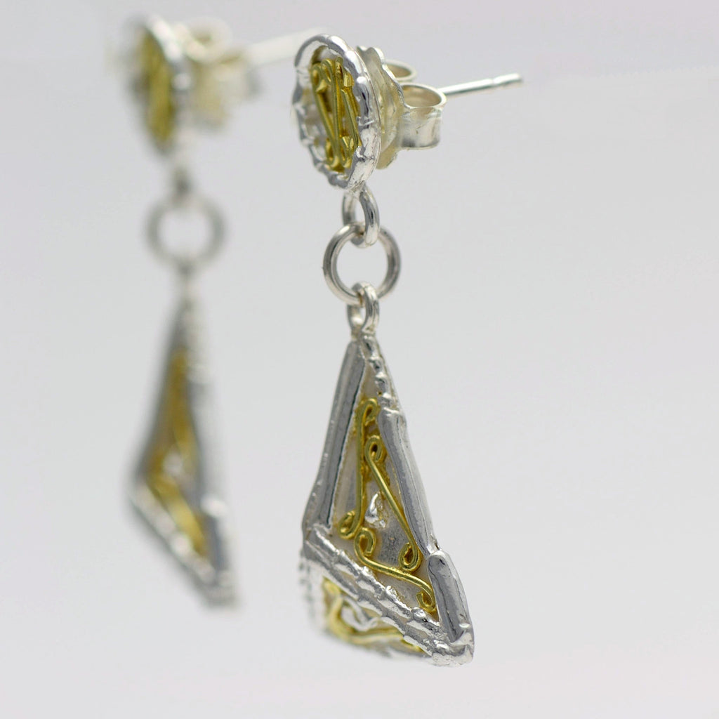 18ct gold and silver patterned 3D triangle hanging earrings, geometrical designs