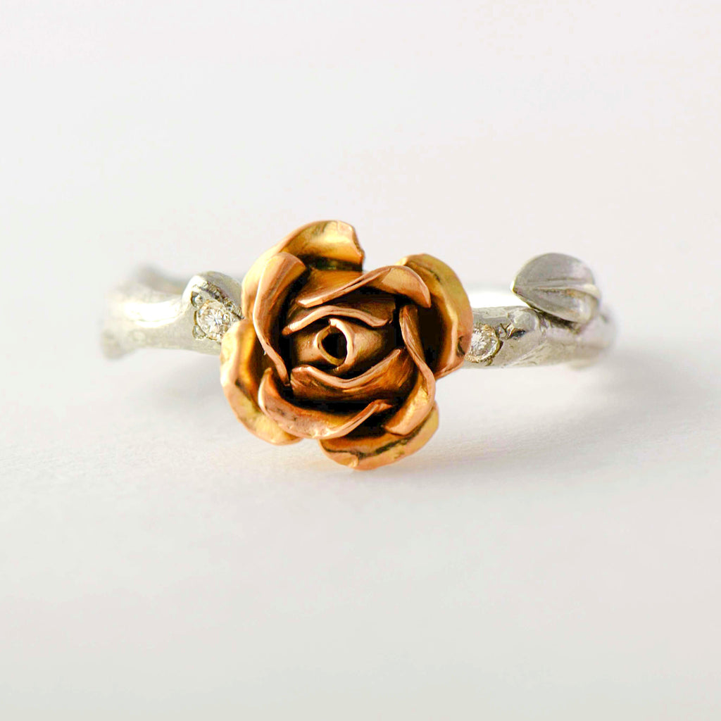 Rose ring with tiny diamonds made with rose and white gold - engagement rose ring
