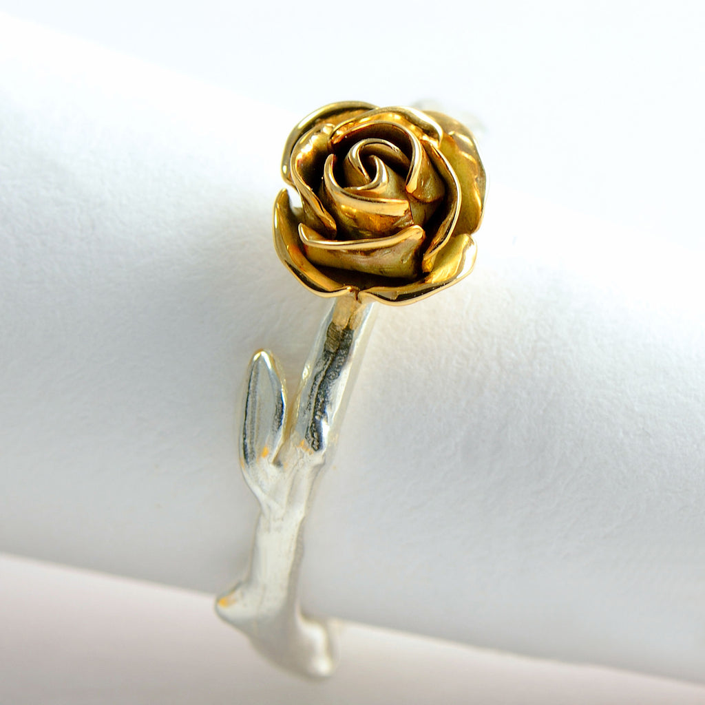Yellow rose ring made in 9 carat yellow gold rose and soft rose stem band in silver