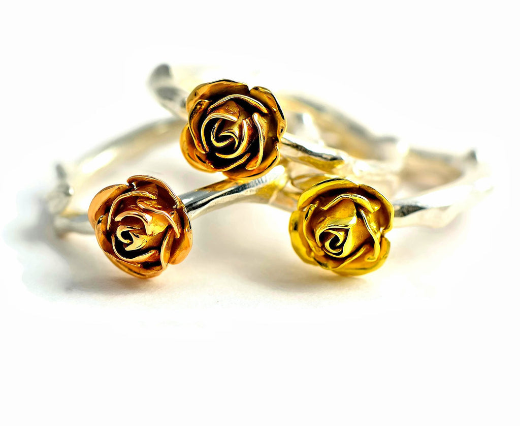 colorful roses - rose rings in silver and gold 