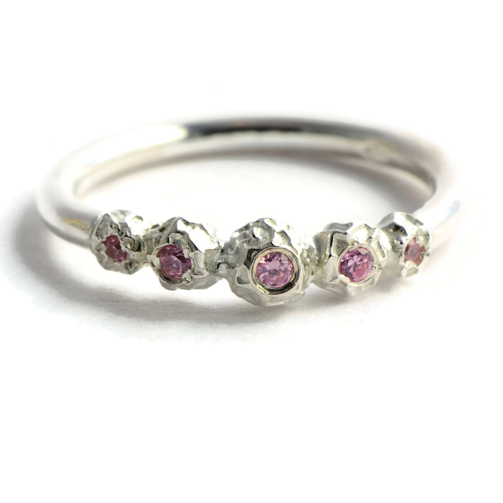 eternity ring with 5 pink tourmaline, Silver peppercorn ring design  
