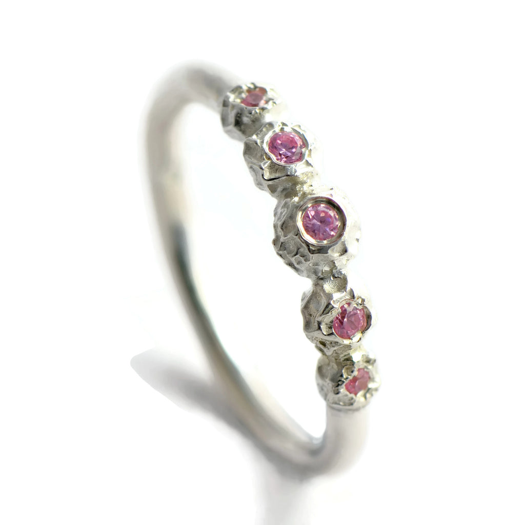 Silver peppercorn eternity ring with 5 pink tourmaline 