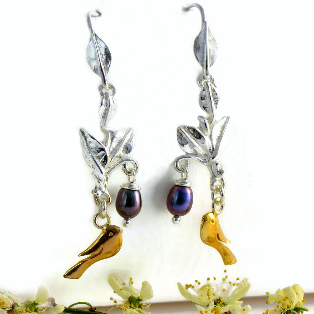 Pearls and Golden Bird Earrings
