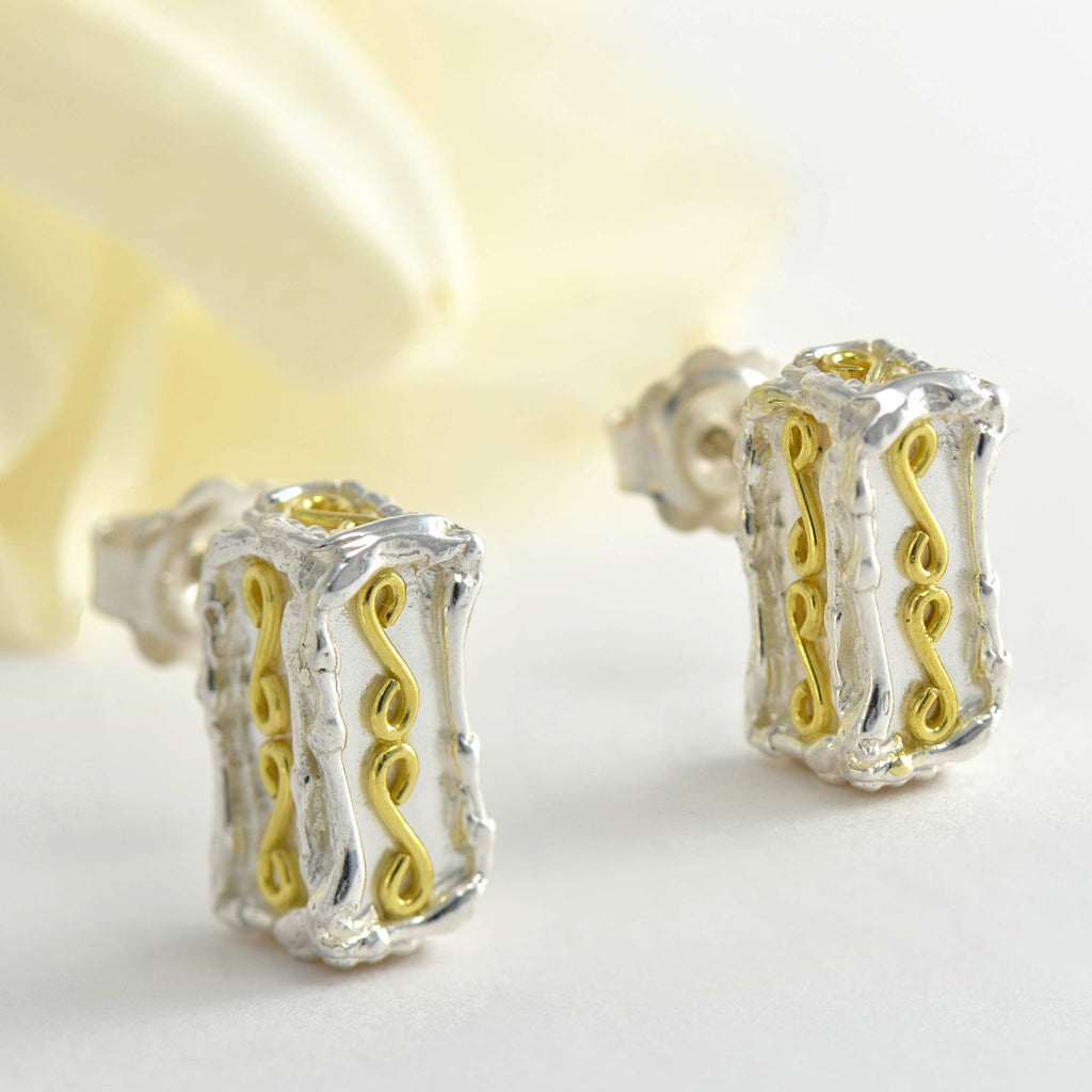 18ct gold and silver large patterned 3D rectangle stud earrings, geometrical designs