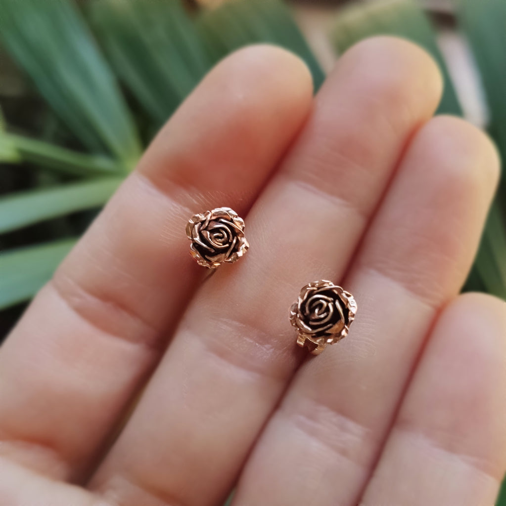 Tiny 9ct gold rose stud earrings - solid gold stud earrings