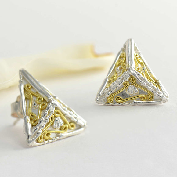 18ct gold and silver patterned 3D triangle stud earrings, geometrical designs