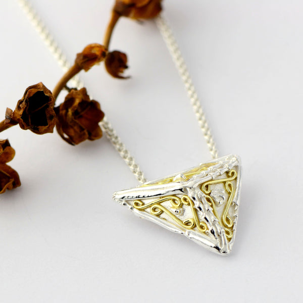 18ct gold and silver small 3D triangle pendant design, geometric jewellery