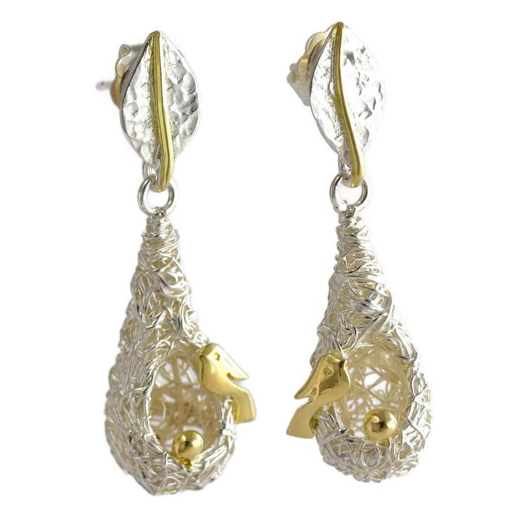 18 ct solid gold birds and silver nest earrings 