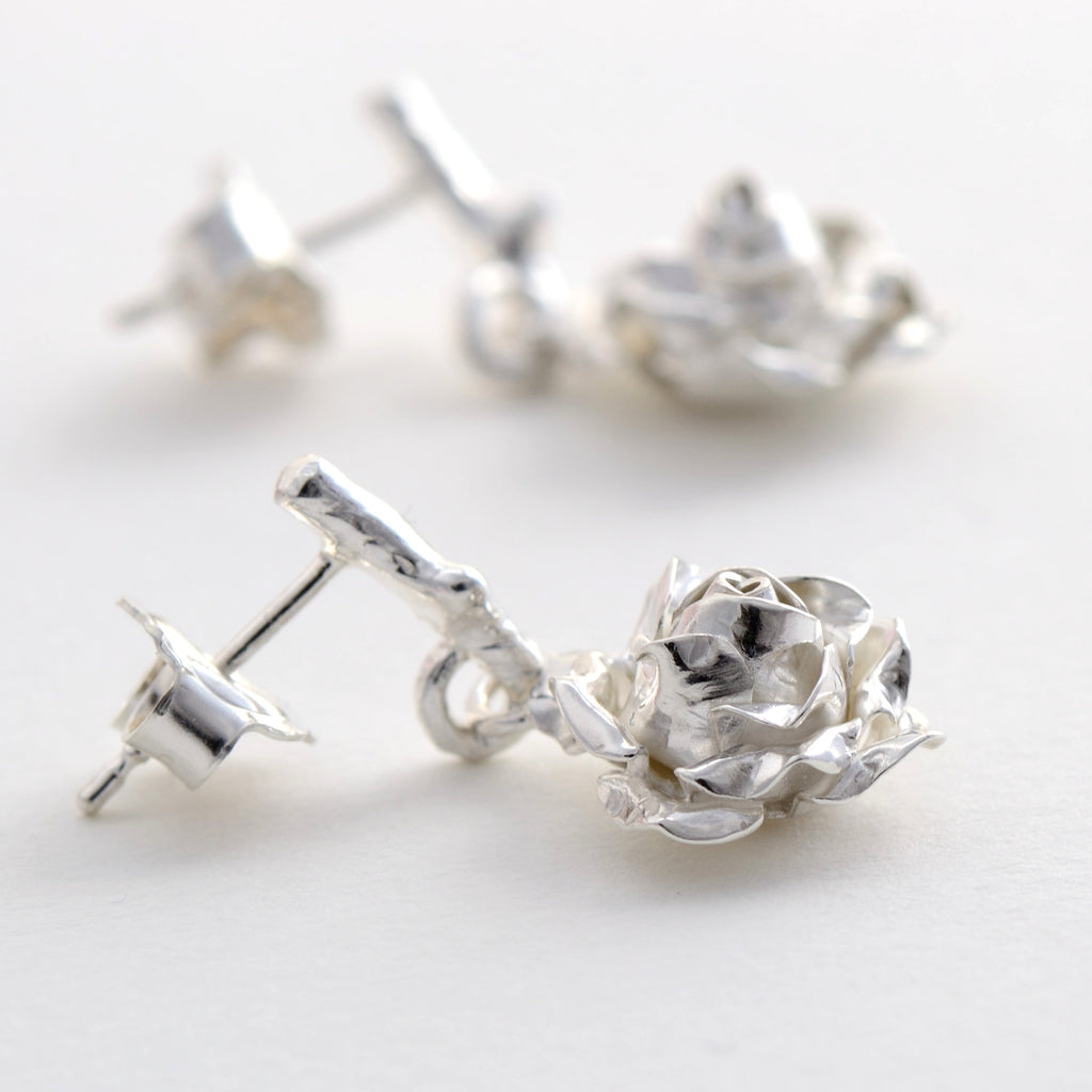 Silver medium rose earrings- dangling rose earrings