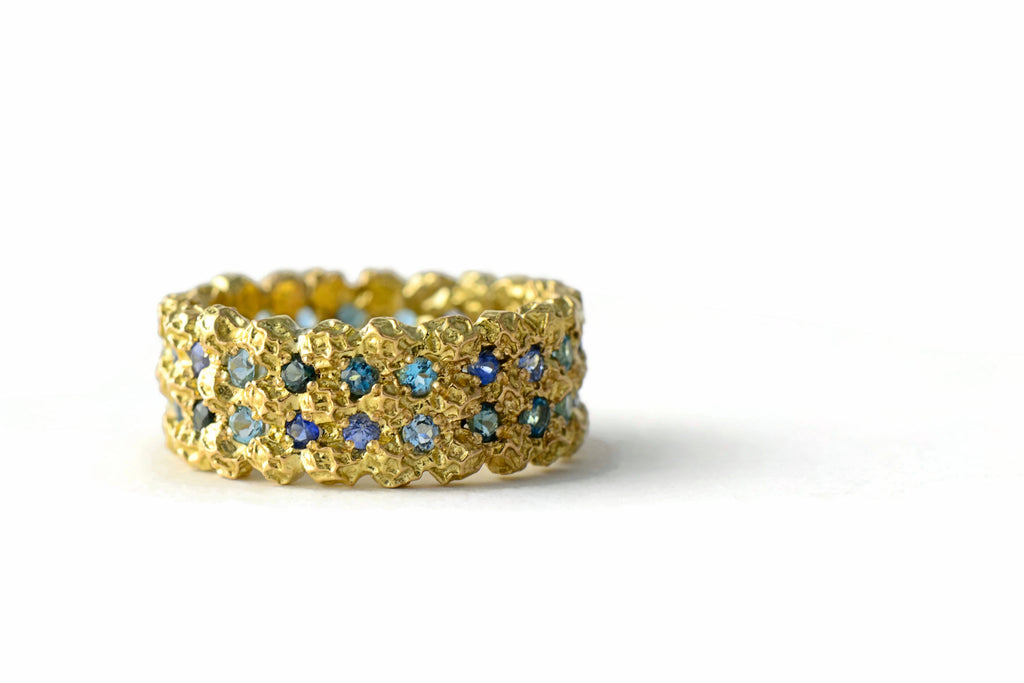 A 20% deposits custom made ring 9 carat wide yellow gold peppercorn eternity ring with natural sapphires