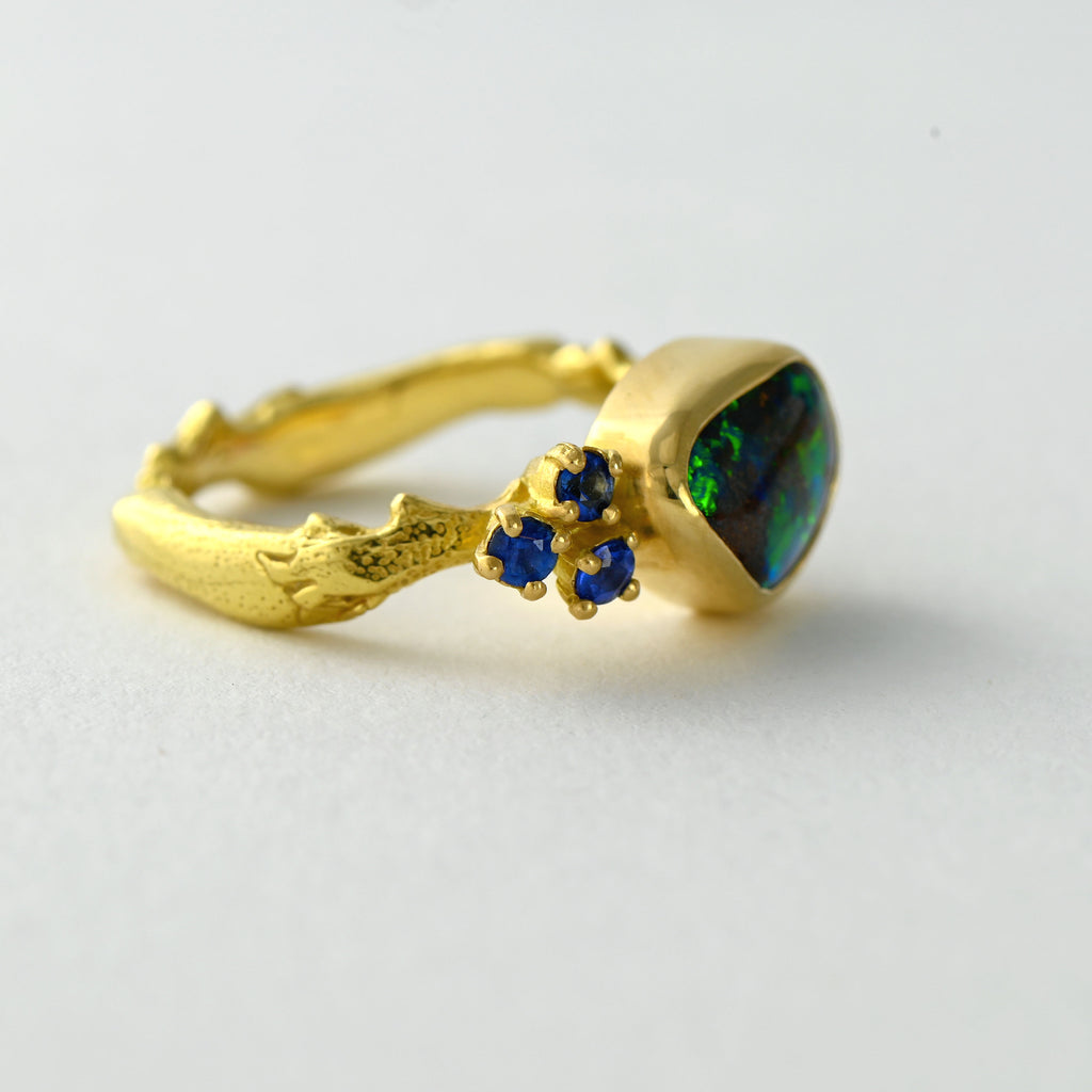 Australian opal and sapphires cluster ring - one of a kind solid gold ring design