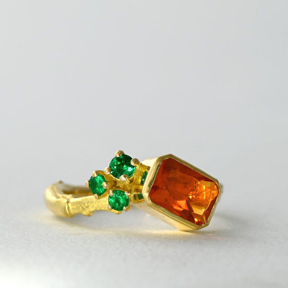 Fire opal and Colombian emerald cluster ring - one of a kind solid 18ct gold ring design