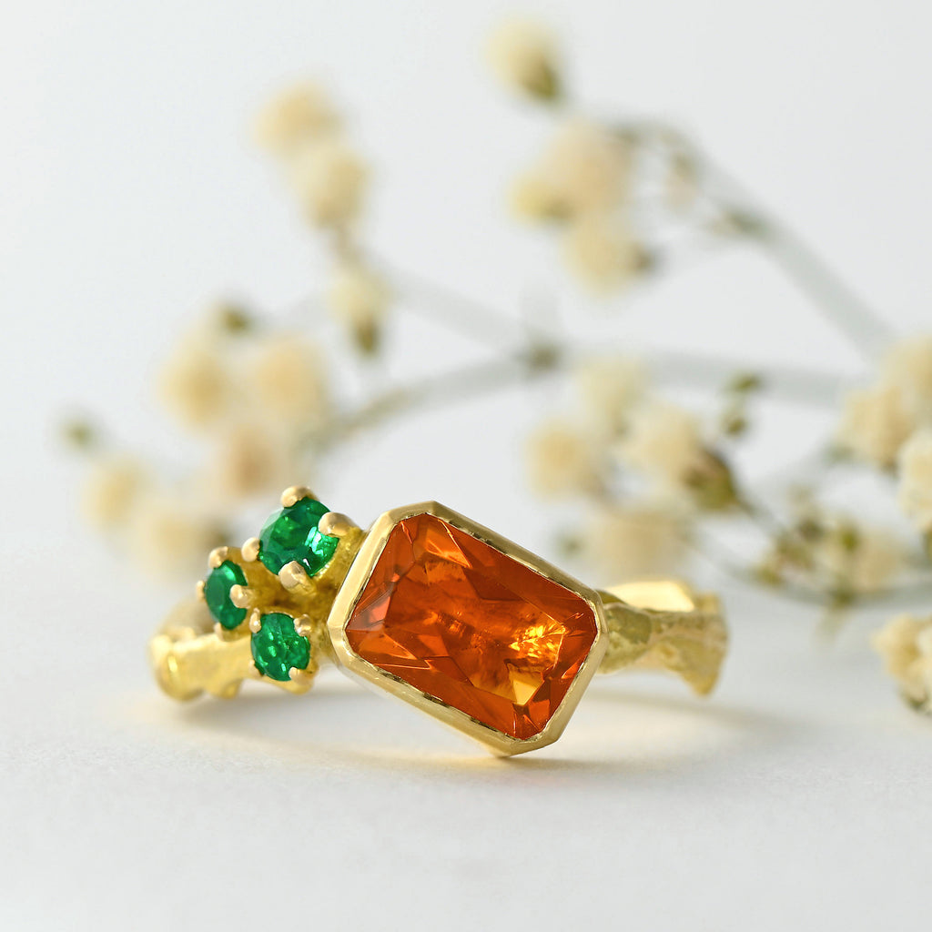 Fire opal and Colombian emerald cluster ring - one of a kind solid 18ct gold ring design