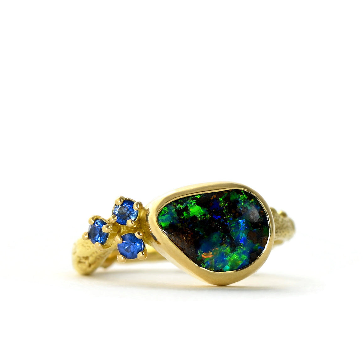 Australian opal and sapphires cluster ring - one of a kind solid gold ring design
