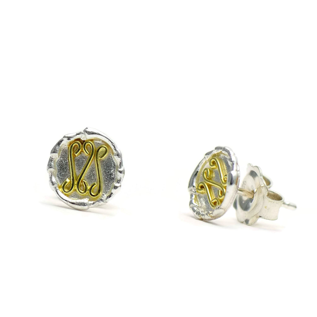 18ct gold and silver petite patterned circlee stud earrings, geometrical designs