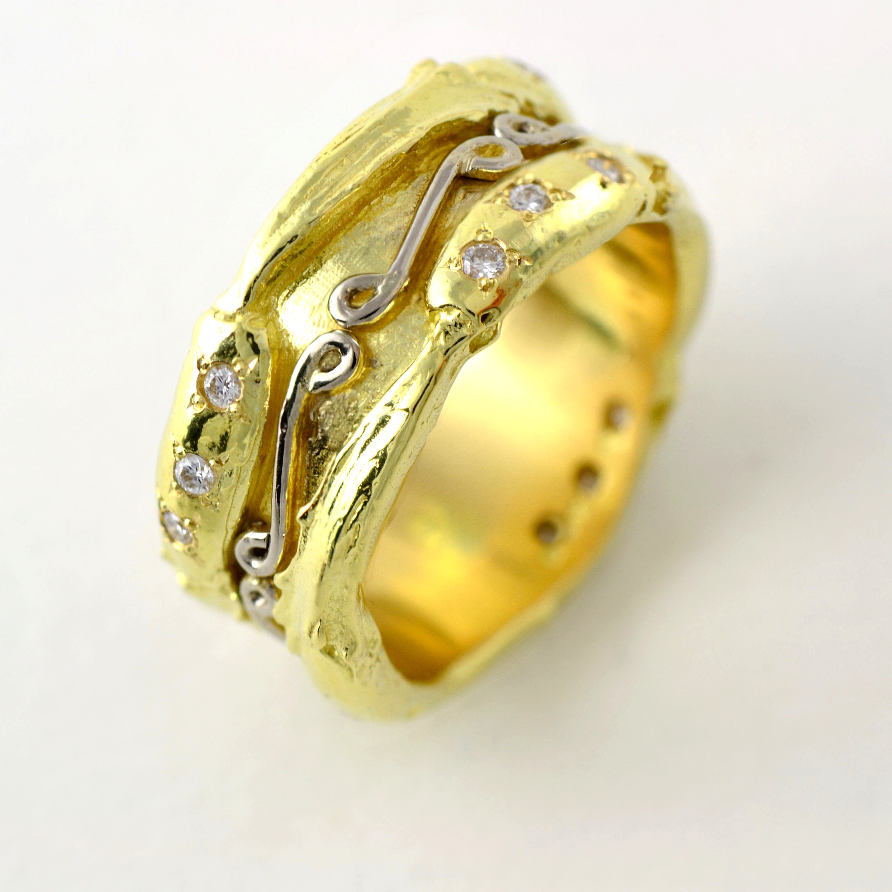 Wide modern eternity gold wedding band – thick gold ring in 18ct gold set  with diamonds