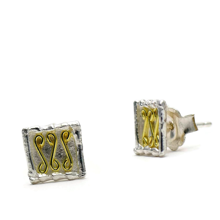 18ct gold and silver petite patterned square stud earrings, geometrical designs