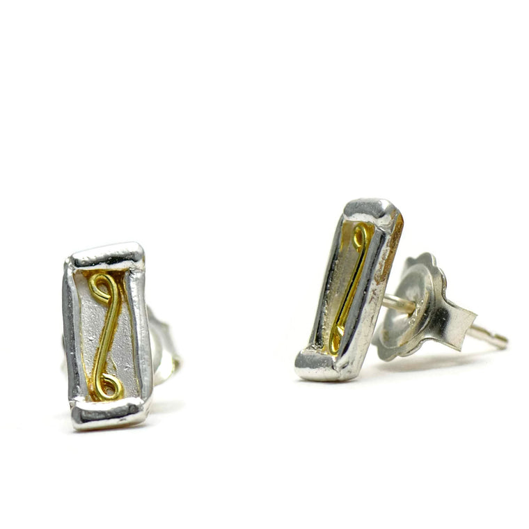 18ct gold and silver petite patterned rectangle stud earrings, geometrical designs
