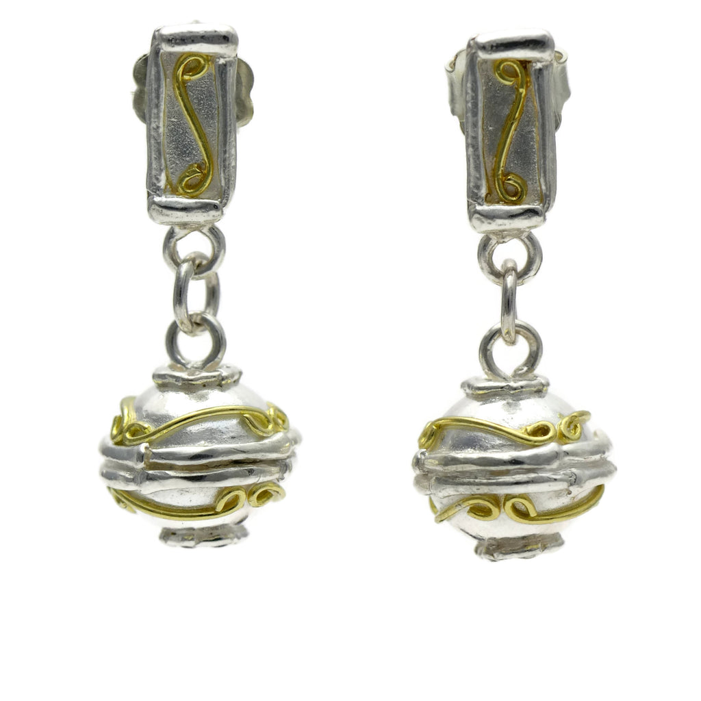 18ct gold and silver patterned 3D sphere hanging earrings, geometrical designs