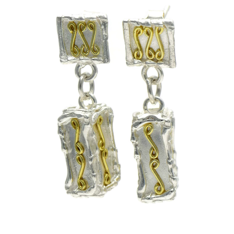 18ct gold and silver patterned large 3D rectangle hanging earrings, geometrical designs