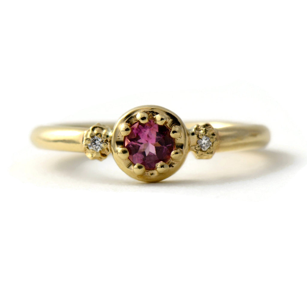 three gemstone ring with pink tourmaline and diamonds 