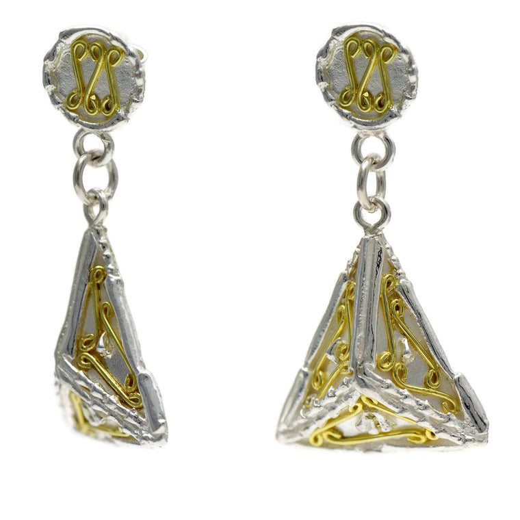 18ct gold and silver patterned 3D triangle hanging earrings, geometrical designs