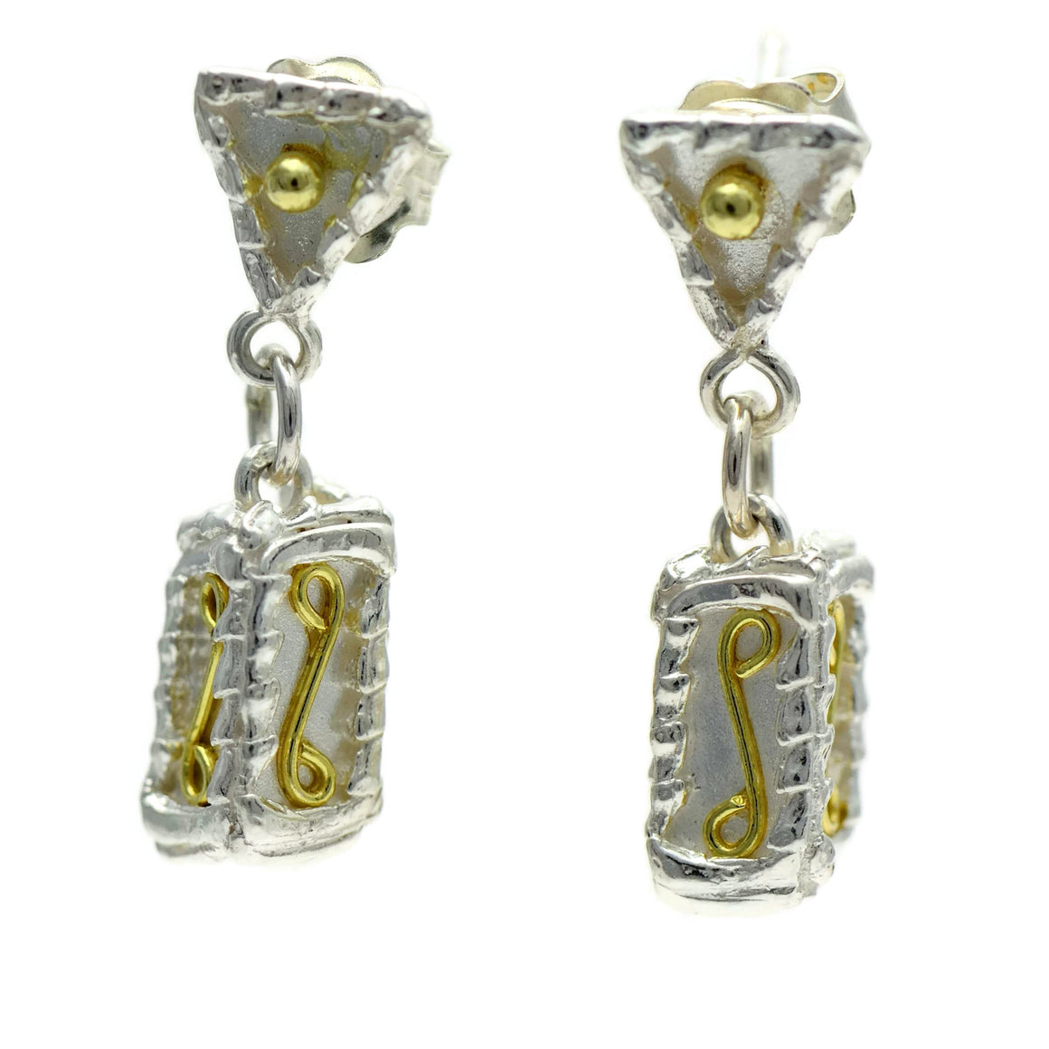 18ct gold and silver petitte patterned 3D rectangle hanging earrings, geometrical designs