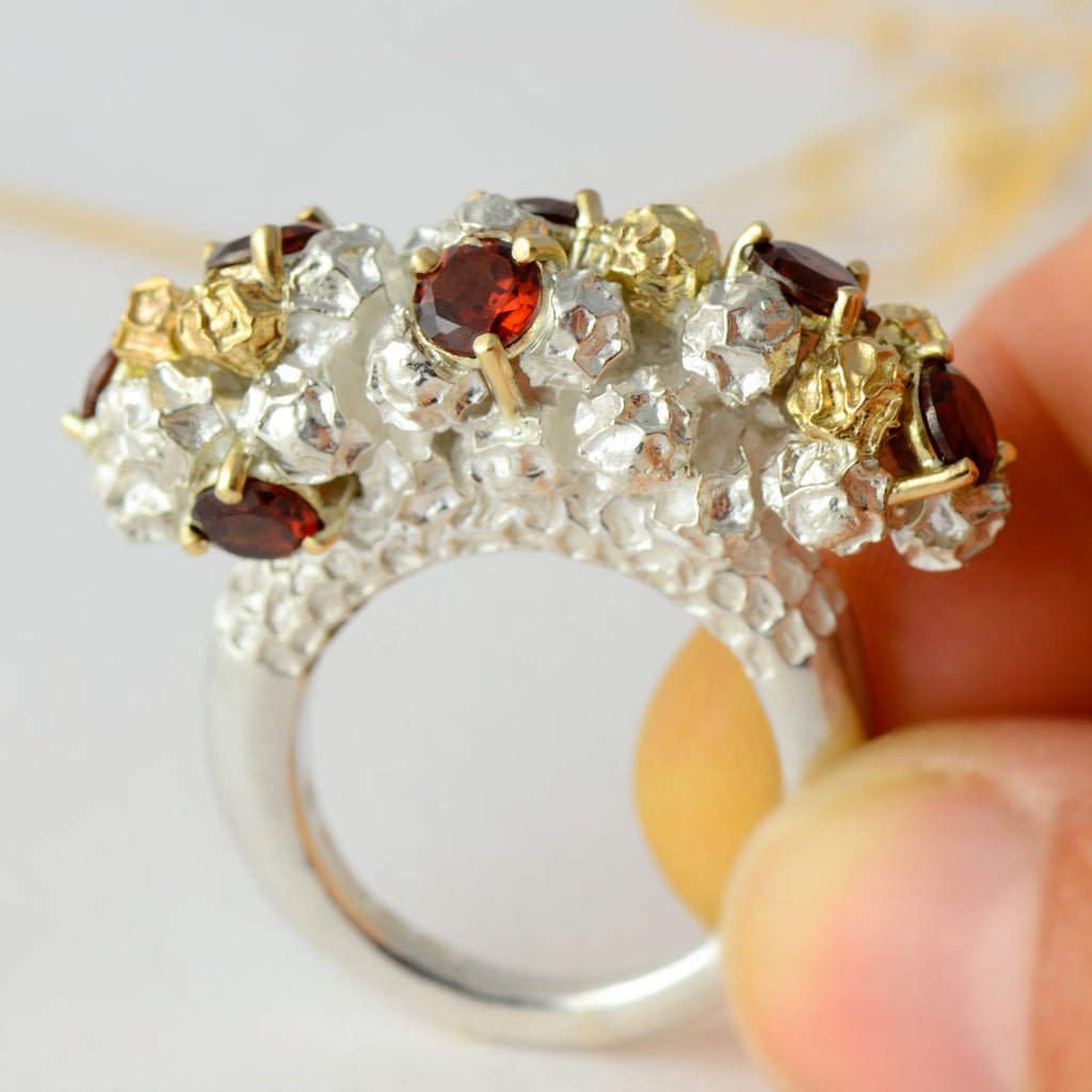 Garnet cluster cocktail ring - one of a kind solid gold and silver peppercorn ring design