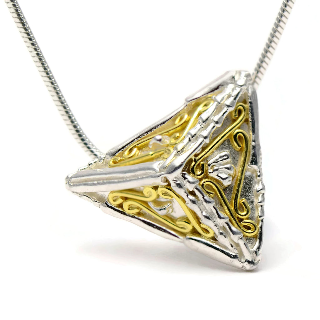 18ct gold and silver small 3D triangle pendant design, geometric jewellery