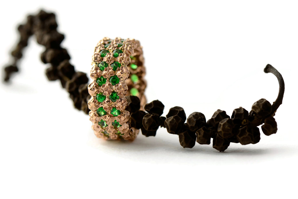 rose gold peppercorn eternity ring with green garnets 