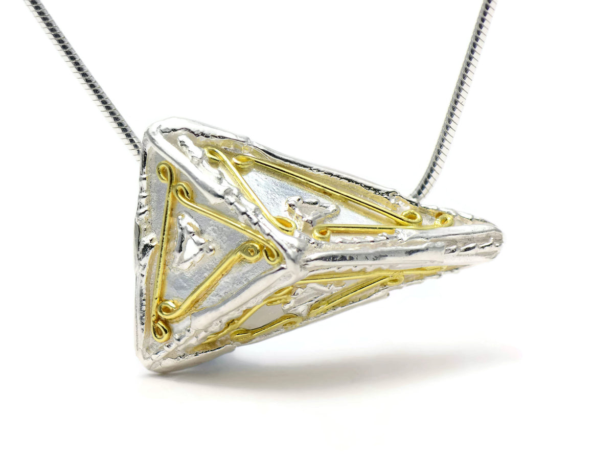 18ct eco-gold and silver large decorated triangle pendant, geometric jewellery