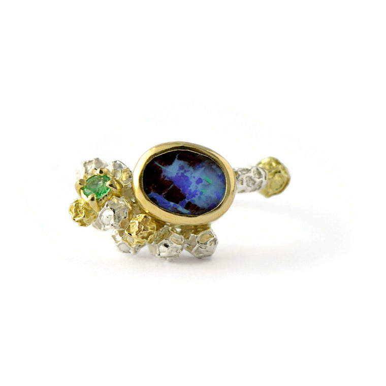 Australian opal and Colombian emerald ring