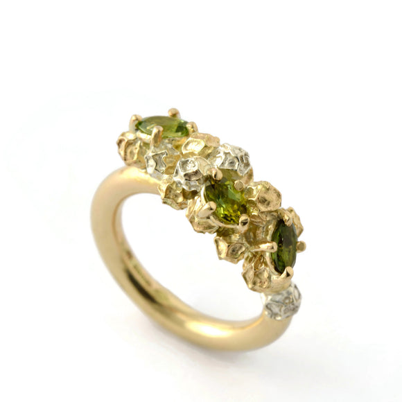 solid gold cluster ring with green tourmaline 