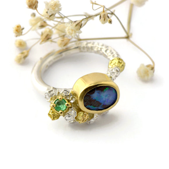 Australian opal and Colombian emerald ring