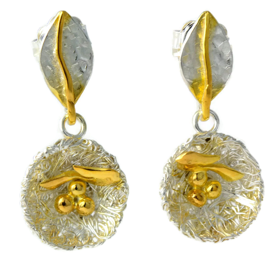 Bird's nest earrings with Golden Bird and Eggs