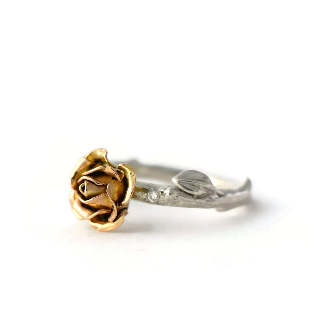 Rose ring with tiny diamonds made with rose and white gold - engagement rose ring