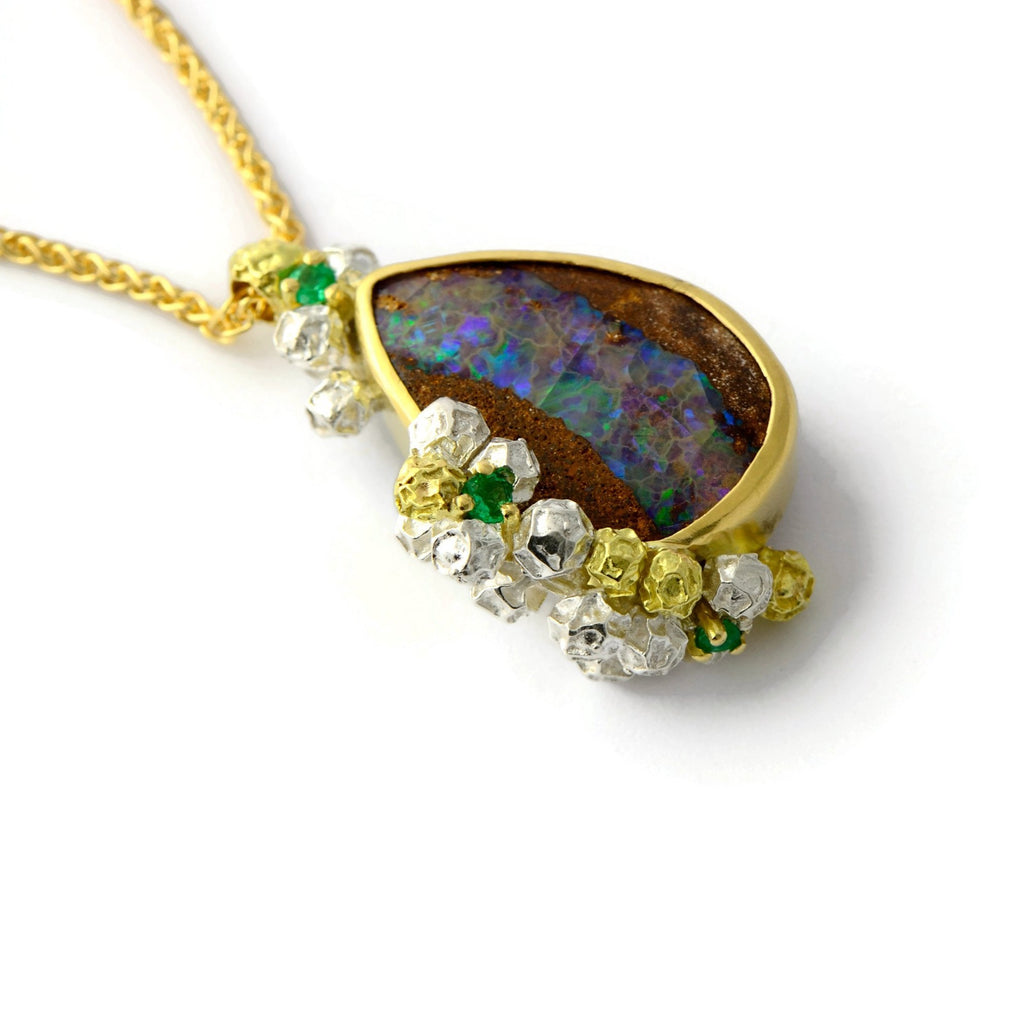 Opal, emerald, gold and silver necklace 