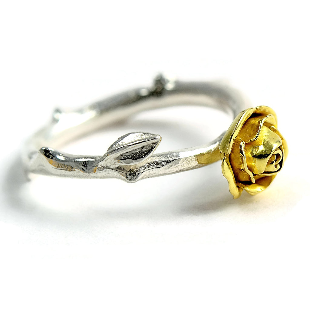 Solid yellow gold rose ring with a beautiful silver stem band ilver 