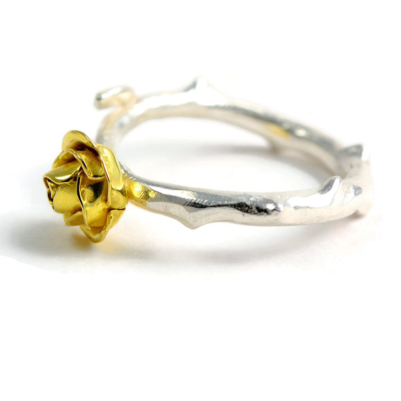 Solid yellow gold rose ring with a beautiful silver stem band ilver 