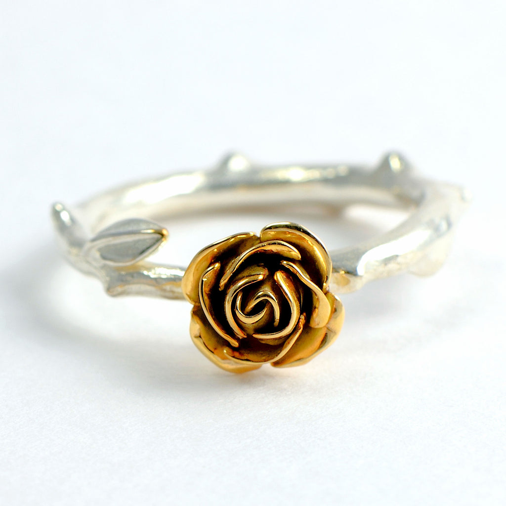 Red rose ring - 9 carat rose gold rose ring with a silver rose stem band