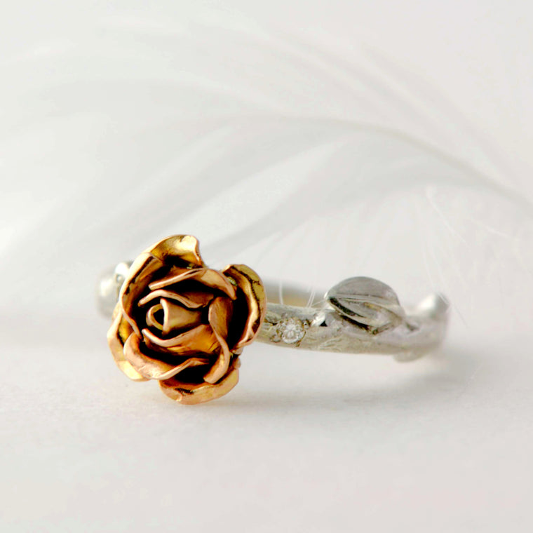 rose gold rose ring with tiny diamonds 