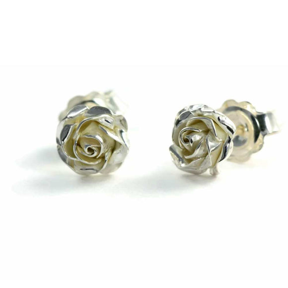 Tiny rose stud earrings - delicate 3D rose stud earrings in silver