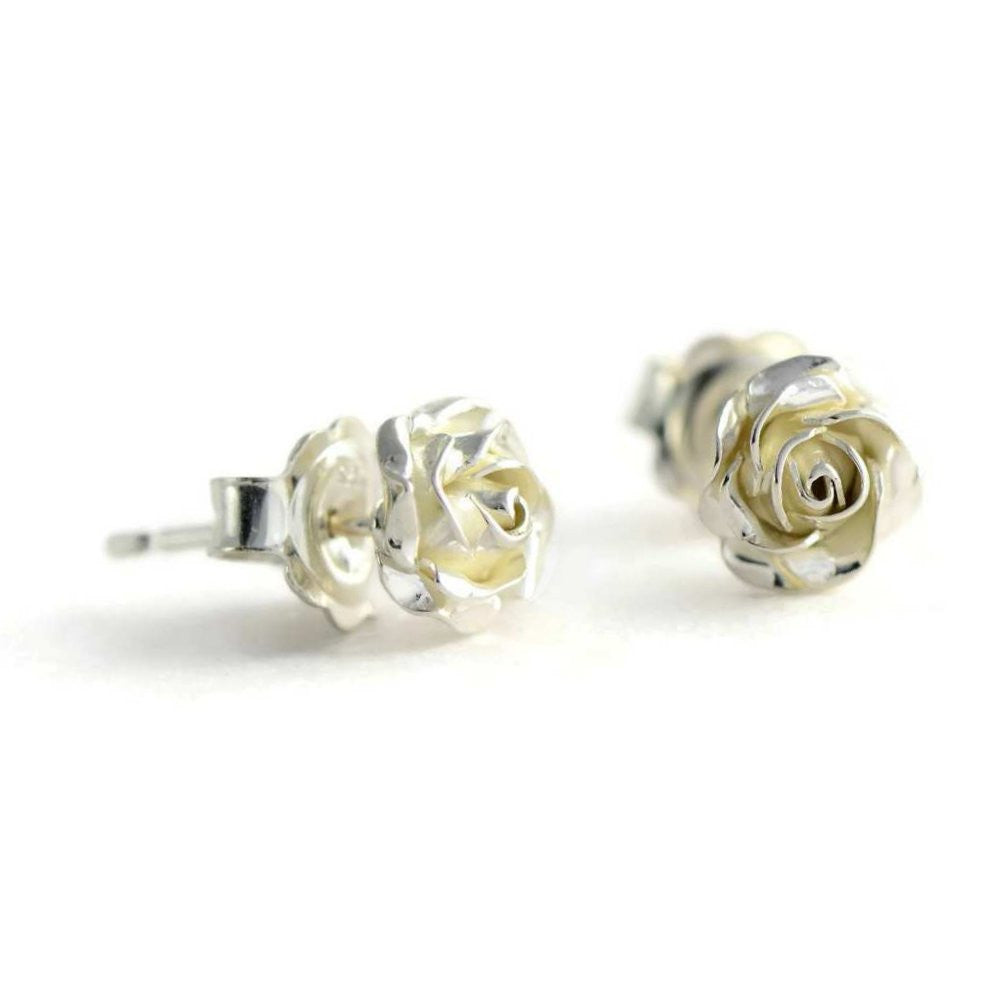Tiny rose stud earrings - delicate 3D rose stud earrings in silver