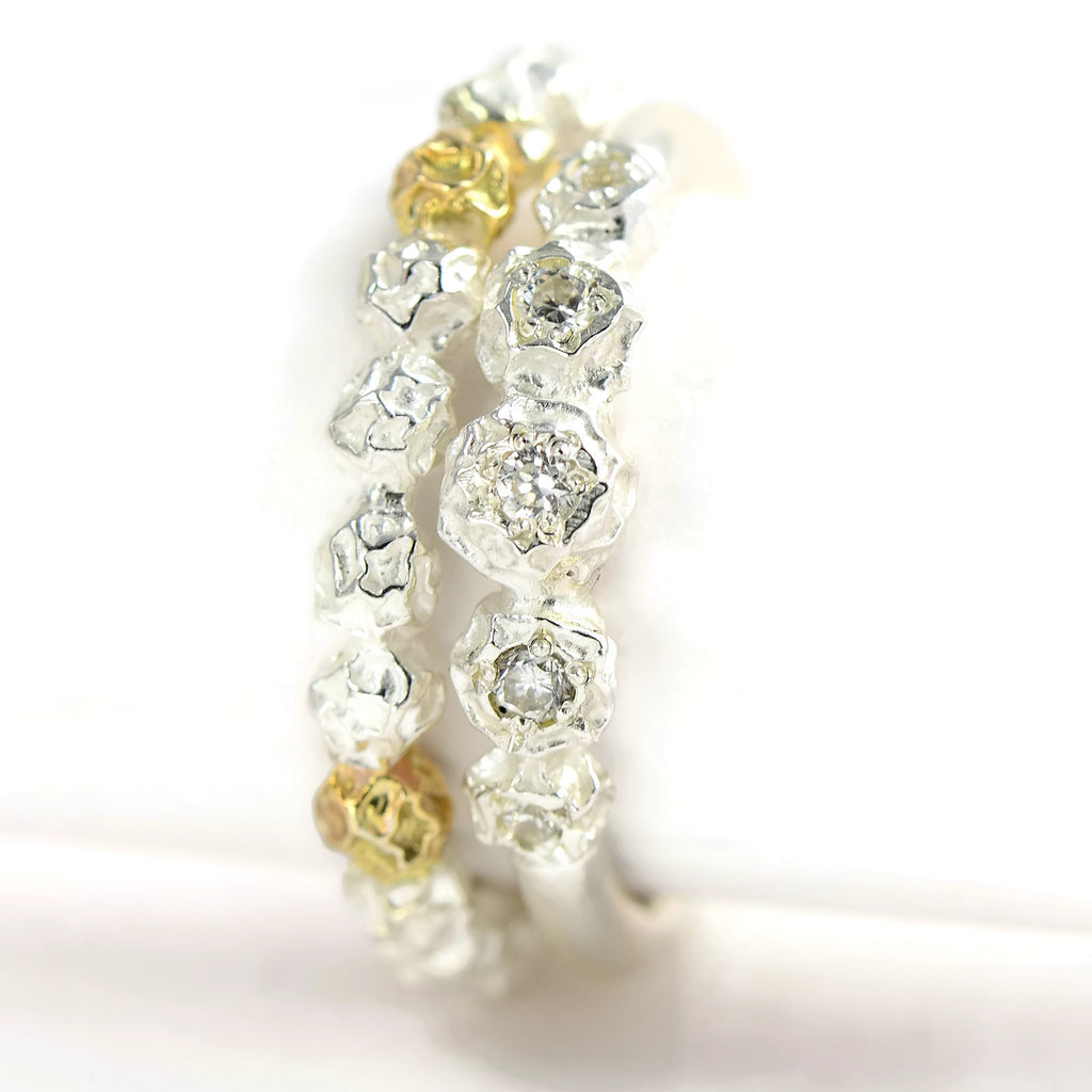 Five gemstone engagement ring, silver peppercorns eternity ring design