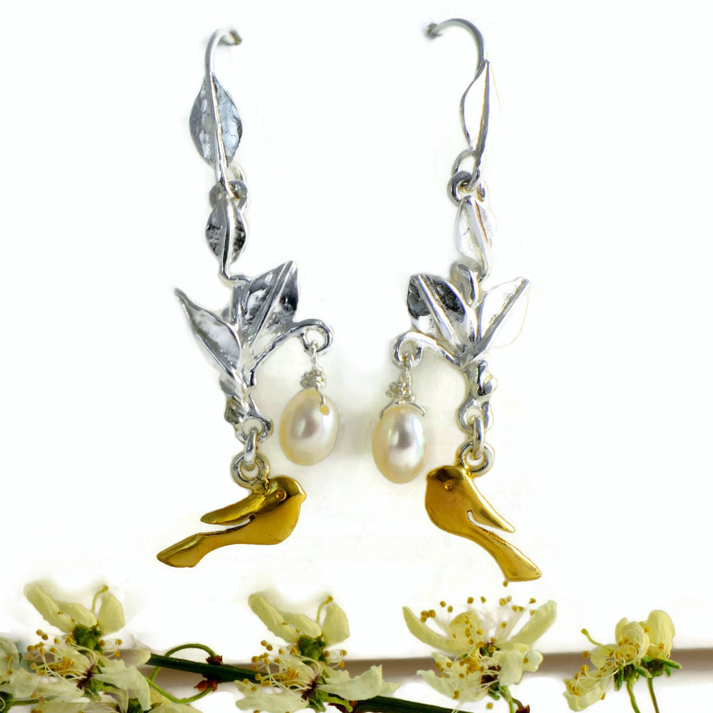 Pearls and Golden Bird Earrings
