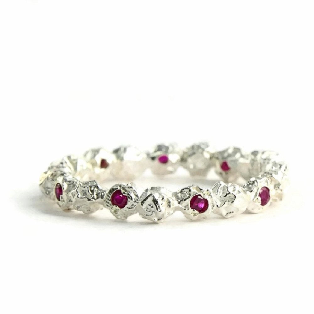 Ruby eternity ring, Silver peppercorn ring design