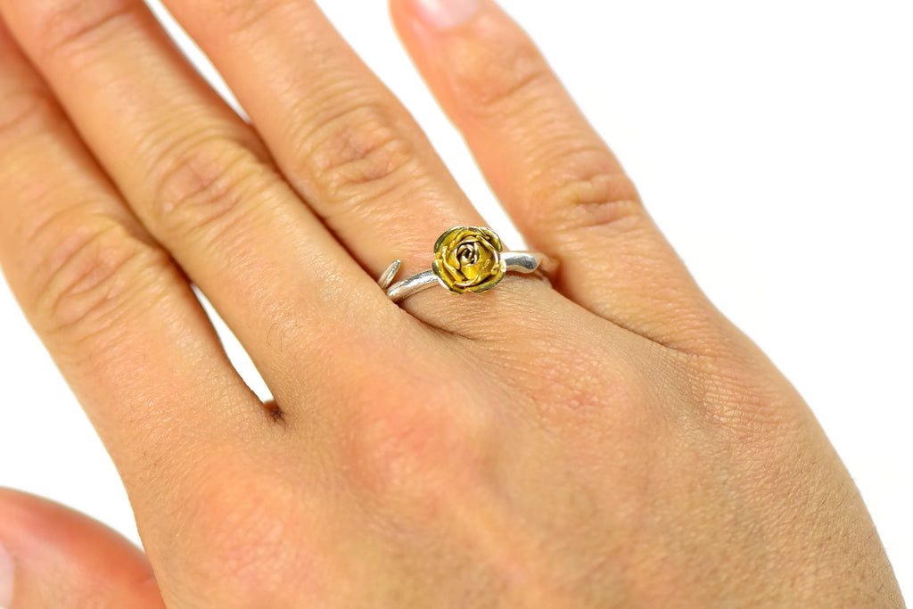 Yellow eco-gold rose ring with silver band and solid 18ct gold yellow rose